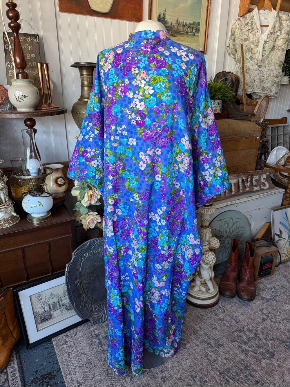 Vibrant Blue Floral 1960s Bat Wing Tie Back Gown - Picture 2 of 6
